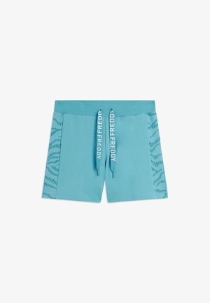 Pantaloncini sportivi turchese con pannelli laterali decorati e vita a coste, con coulisse con la scritta "FREDDY" in testo bianco.