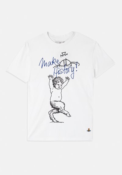 White cotton t-shirt featuring a black line drawing of a jumping figure with a cartoonish design and blue text "Make History!" above.