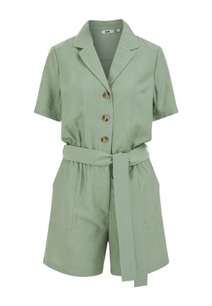 Light green short-sleeve romper with three brown buttons, notched collar, front pockets, and a matching fabric belt tied at the waist.