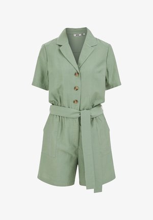 Light green short-sleeve romper with three brown buttons, notched collar, front pockets, and a matching fabric belt tied at the waist.