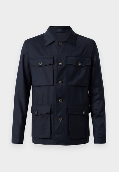 Navy jacket with a button-up front, four front pockets, a classic collar, and smooth fabric texture. Features brown buttons and tailored shape.