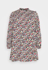 Kukkamekko korkealla kauluksella, pitkät puffihihat ja smokkisisustus. Mustassa taustassa punaisia, keltaisia ja sinisiä kukkia.