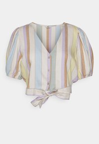 Short-sleeved, cropped blouse with a V-neck, featuring pastel horizontal stripes in purple, green, beige, and yellow, with a front tie detail.
