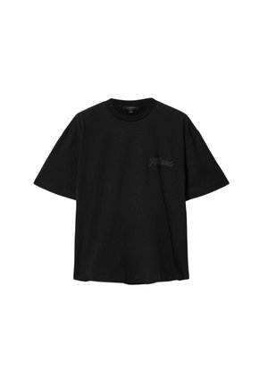 Czarny bawełniany t-shirt z krótkim rękawem i okrągłym dekoltem oraz subtelnym logo z przodu. Prostokątny krój, lekka tkanina, bez widocznych wzorów.