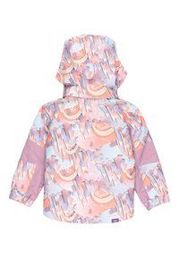 Bunte isolierte Jacke mit einem pink- und blaufarbenen abstrakten Bergmuster, ausgestattet mit einer Kapuze und elastischen Bündchen für einen sicheren Sitz.