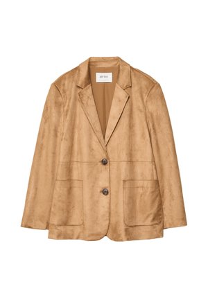 Blazer en suede marron clair avec deux boutons à l'avant, encolure à revers et deux grandes poches à rabat, présenté sur un fond blanc.