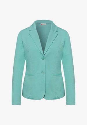 Hell-türkiser, taillierter Blazer mit zwei Knöpfen, gekerbtem Revers, langen Ärmeln und zwei vorderen Paspeltaschen.