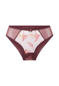 Bordeaux en witte geborduurde slips met sheer mesh panelen, voorzien van een klein strikaccent en een gladde textuur.