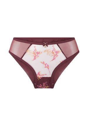 Bordeaux en witte geborduurde slips met sheer mesh panelen, voorzien van een klein strikaccent en een gladde textuur.