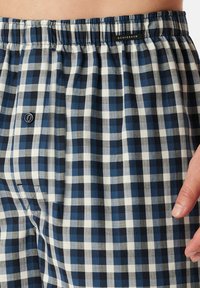 Boxers bleu et blanc à carreaux avec une taille élastique, présentant une texture en chevron et un détail de bouton unique à l'avant.