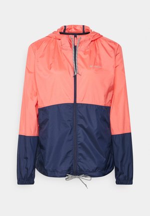 Veste légère corail clair et marine avec capuche, fermeture éclair intégrale à l'avant, poignets élastiques et cordon de serrage réglable à l'ourlet.