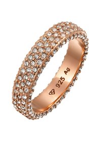 Rosenfarvet guld ring med indfattet flere små klare krystaller, mærket 925 Ag indeni, på en hvid baggrund.