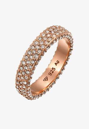 Rose gold band ring encrusted with multiple small clear crystals, marked 925 Ag inside, on a white background.