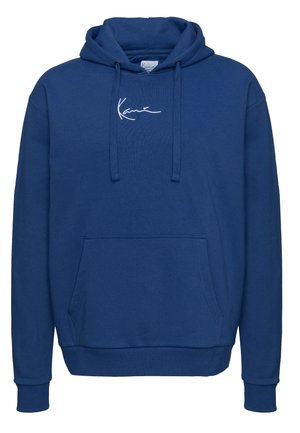Hoodie bleu en coton, doté d'une capuche avec cordon de serrage, d'une poche kangourou à l'avant et d'un logo brodé blanc sur la poitrine.