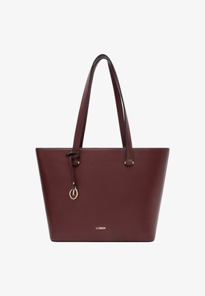 Bordeaux lederen tote bag met gestructureerde vorm, gouden hardware en dubbele schouderbanden. Beschikt over een merkcharme en een minimalistisch ontwerp.