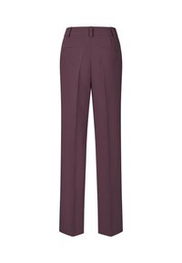 Maroon trousers with a straight-leg design, featuring two back pockets, a tailored waistband, and a smooth texture.
