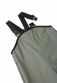 Wasserdichte Latzhosen aus strukturiertem grauem Material. Verfügt über verstellbare schwarze Träger mit Kunststoffschnallen und gestickten Akzenten.