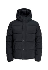 Chaqueta de plumas negra con capucha, botones a presión en el frente, bolsillos laterales y costura horizontal acolchada en las mangas y el cuerpo.