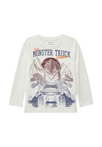 Weißes Langarm-T-Shirt mit einem grafischen Design von zwei Dinosauriern und einem Monstertruck, versehen mit Bergdetails in Blau und Orange.