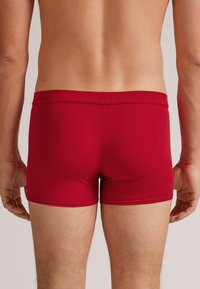 Shorts de baño rojos para hombre, hechos de una tela suave y elástica. Cuentan con una cintura baja y un diseño ajustado, mostrando la vista trasera.