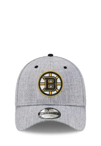 Gray adjustable cap featuring a black and yellow embroidered Boston Bruins logo at the front. Textured fabric with a curved brim.