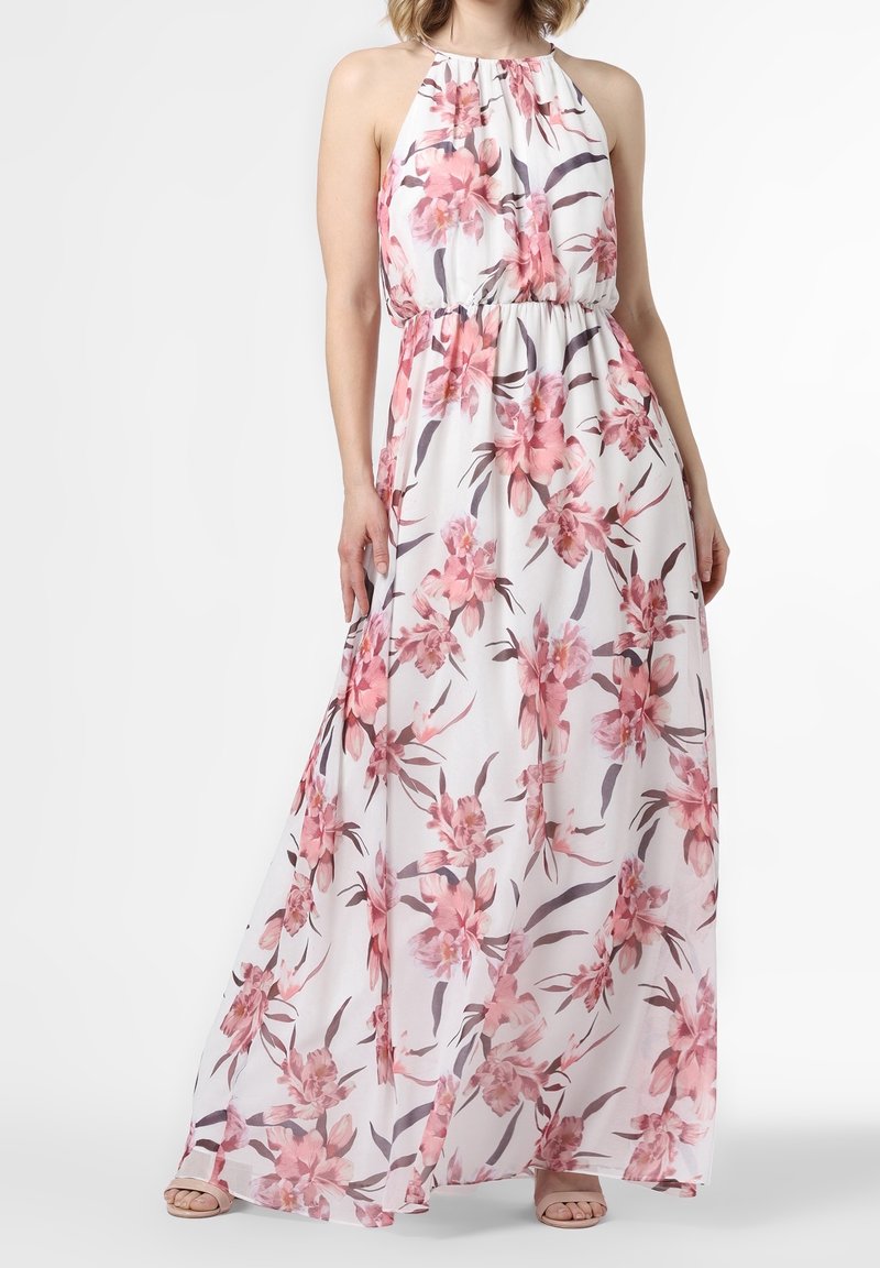 Maxikleid mit Halterneck, florales Muster in Pink und Grün auf weißem Stoff, elastischer Bund, leicht und fließend im Design.