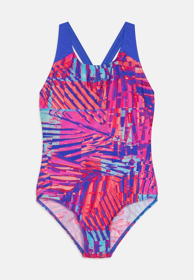 Ολόσωμο μαγιό με έντονο αφηρημένο σχέδιο σε ροζ, μπλε και πορτοκαλί, με ενιαία μπλε ράχη και υφασμάτινη υφή.