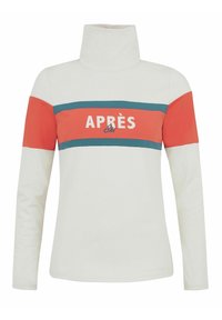 Weißer Rollkragenpullover mit langen Ärmeln, horizontalen Streifen in Orange und Blaugrün sowie dem Text "APRÈS Ski" auf der Brust.