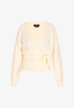 Cremfarbener Wickelcardigan mit langen Ärmeln, geripptem Taillenzug und verziert mit perlenähnlichen Akzenten auf den Schultern. Weicher Textur und Bindegurt.