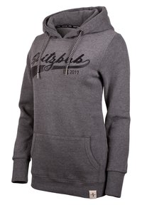Grijze hoodie met trekkoord; heeft een vo zak, geborduurd logo "Spitzbub EST 2017" in het zwart, ribgebreide mouwen en onderrand.