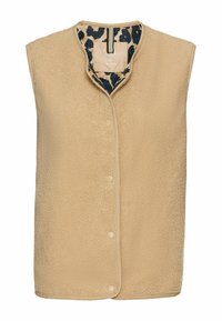 Beige Fleece-Weste mit rundem Kragen, vorderem Druckverschluss und Innenfutter im Leopardenmuster. Weicher Stoff und ärmelloses Design.