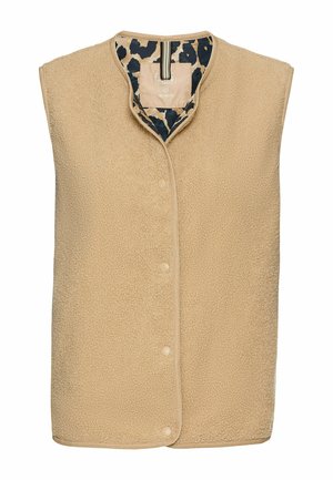 Beige Fleece-Weste mit rundem Kragen, vorderem Druckverschluss und Innenfutter im Leopardenmuster. Weicher Stoff und ärmelloses Design.