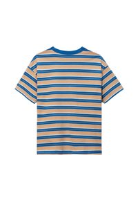 T-shirt à manches courtes avec des rayures horizontales en bleu, orange et crème. Fabriqué en tissu doux, avec un col rond et une coupe décontractée.