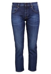 Ciemnoniebieskie dżinsy z denimu o prostym kroju, z pięcioma kieszeniami, widocznym przeszyciem i lekko wyblakłą fakturą z przodu.