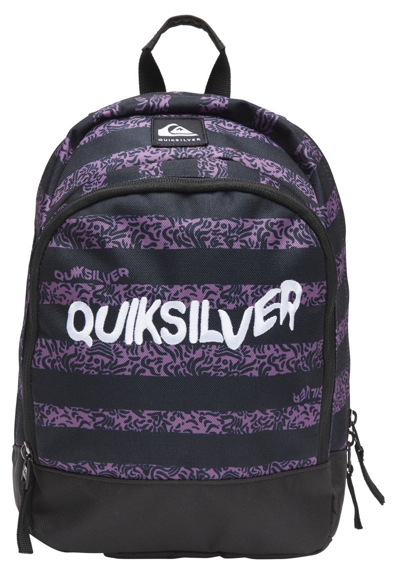 Quiksilver rugzak met paarse gestreepte patronen op een zwarte stoffen achtergrond. Voorzien van een bovenhandgreep en een voorlogo in witte tekst.