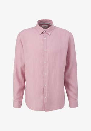 Chemise boutonnée rose clair en lin. Comprend un col, des manches longues et un ourlet droit. Design épuré avec des boutons blancs.