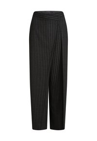 Zwarte broek met streepjespatronen en een wijde pijp ontwerp, met een cropped lengte en een geplooide tailleband voor een gekleed uiterlijk. Zachte stoffen textuur.