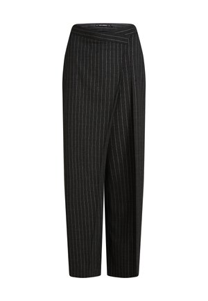 Black pinstriped pants with a wide-leg design, featuring a cropped length and a folded waistband for a tailored look. Soft fabric texture.