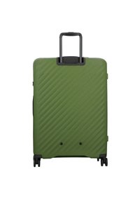 Groene harde koffer met diagonale gestructureerde strepen, zwarte wielen en een telescopische handgreep, voorzien van een ritssluiting en twee voetjes aan de onderkant.