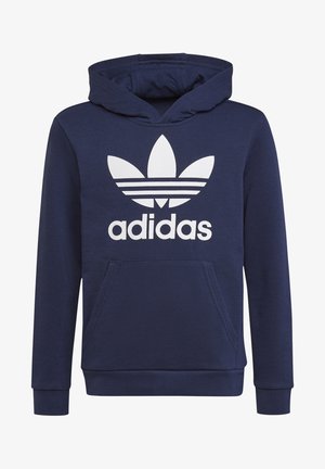 Sweat à capuche bleu marine avec une poche kangourou, logo "adidas" blanc et motif à trois feuilles sur la poitrine. Confectionné en tissu doux et texturé.