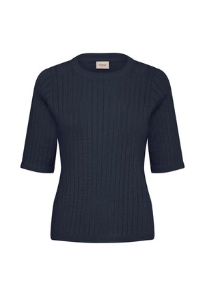 Marineblauer kurzärmeliger Strickpullover mit vertikalem Ripp- und Lochmuster, rundem Ausschnitt und figurbetonter Silhouette.