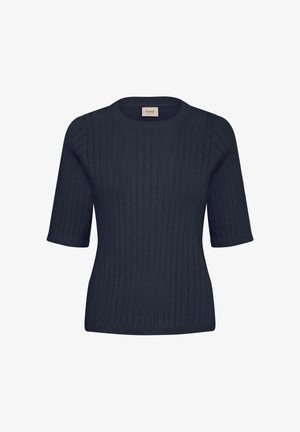 Marineblauer kurzärmeliger Strickpullover mit vertikalem Ripp- und Lochmuster, rundem Ausschnitt und figurbetonter Silhouette.