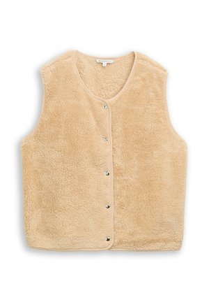 Beige ärmellose Fleece-Weste mit Druckknöpfen vorne und rundem Ausschnitt, flach auf weißem Hintergrund liegend.