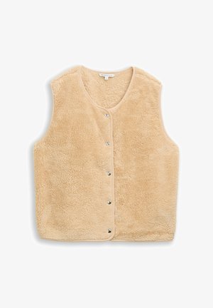 Beige ärmellose Fleece-Weste mit Druckknöpfen vorne und rundem Ausschnitt, flach auf weißem Hintergrund liegend.