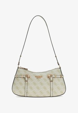 Sac bandoulière Guess beige avec imprimé monogramme, ferrures dorées, bandoulière ajustable et fermeture éclair.