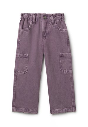 Pantaloni cargo in denim viola con vita elasticizzata, bottone anteriore, passanti per cintura, tasche laterali e grandi tasche applicate sulle gambe.