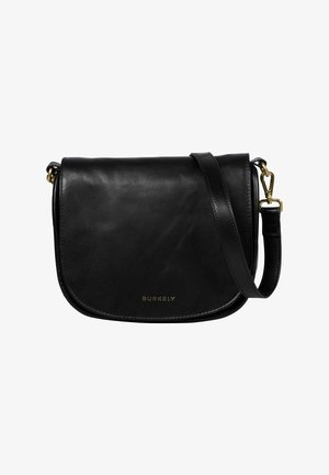 Borsa a tracolla nera in pelle con chiusura a patta, hardware dorato e tracolla regolabile, con il marchio "Burkely" sul fronte.