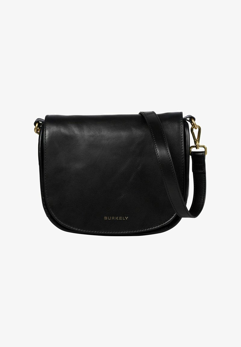 Borsa a tracolla nera in pelle con chiusura a patta, hardware dorato e tracolla regolabile, con il marchio "Burkely" sul fronte.