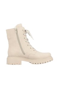 Botte de cheville en cuir beige imperméable avec une semelle robuste, un laçage à l'avant et un zip sur le côté. Texture lisse et design résistant.
