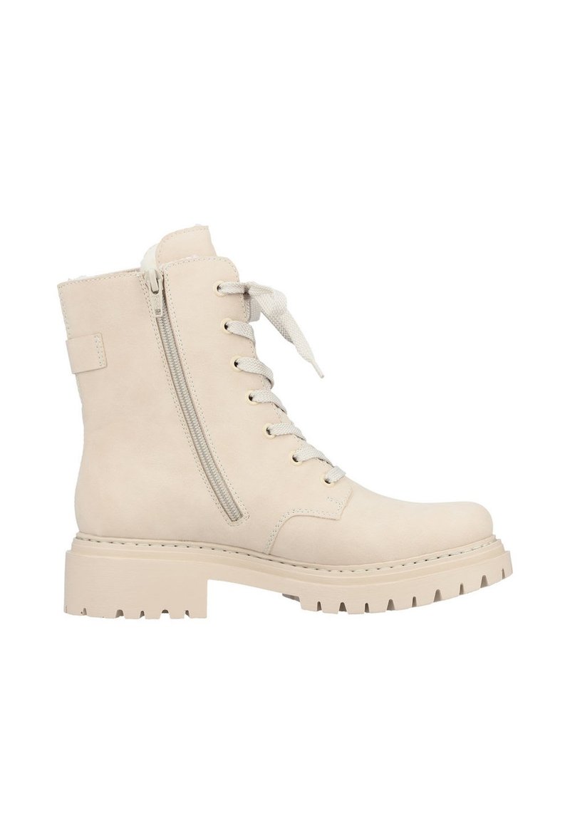 Botte de cheville en cuir beige imperméable avec une semelle robuste, un laçage à l'avant et un zip sur le côté. Texture lisse et design résistant.
